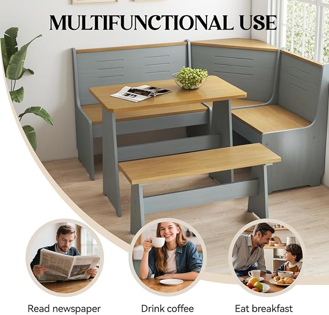 Breakfast Nook Corner Dining Table Kitchen Bench Chair Set, Space-Saving 3-5 People Seat Reversible L-Shape for Family Home Grey Wood