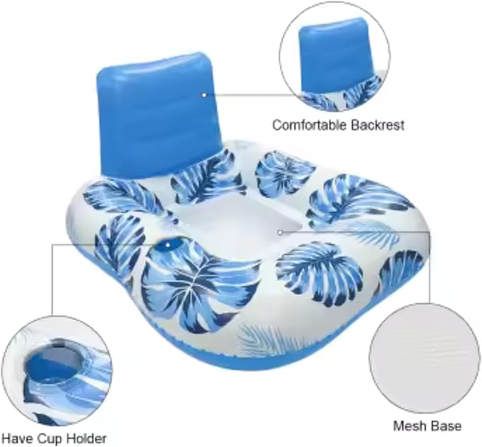 Pool Zing Square Inflatable Pool Lounger with Backrest (Two Pack), Tropical Palm Leaf Float for Adults, Relaxing Pool Raft with Cooling Mesh Seat