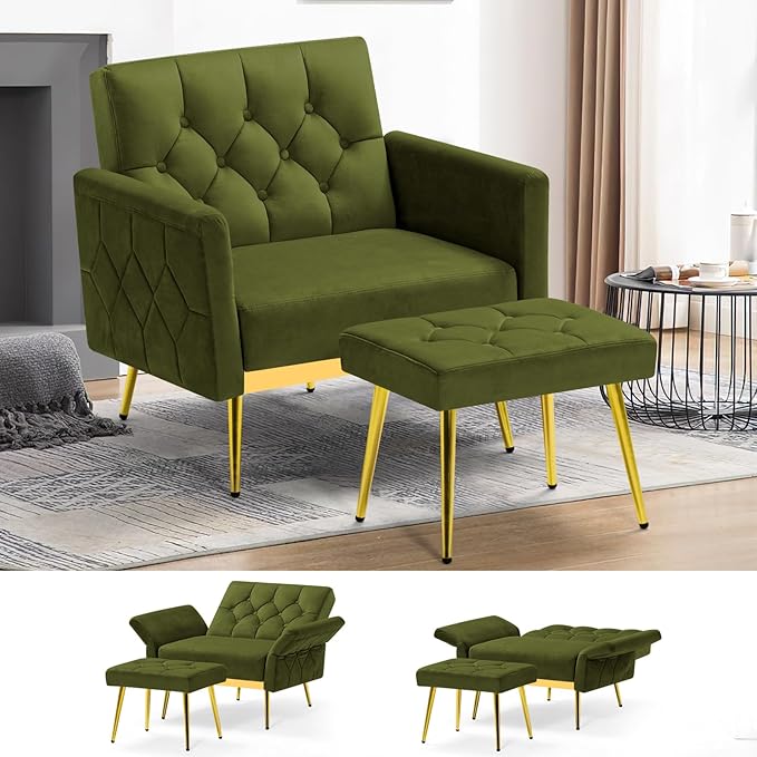 ACMEASE Velvet Accent Chair w/Adjustable Armrests and Backrests, Tufted Single Sofa with Ottoman, Upholstered Reading Chiar for Living Room, Apartment, Bedroom, Olive Green