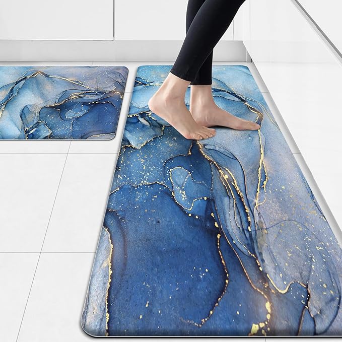 Blue Kitchen Rugs Set of 2 Kitchen Mats Cushioned Anti Fatigue Abstract Gold Marble Kitchen Mat Waterproof Non Slip Comfort Memory Foam Standing Mat for Kitchen Floor