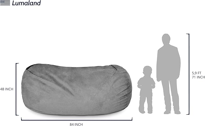 Lumaland Luxurious Giant 7ft Bean Bag Chair with Microsuede Cover - Ultra Soft, Foam Filling, Washable XXL Sofa for Kids, Teenagers, Adults Sack Dorm, Family Room Dark Grey