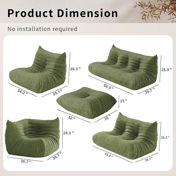 Bean Bag Chair for Adults,Armless Fireside Chair Comfy Corduroy Lazy Floor Sofa,Lounge Chair Lazy Sofa Couch Memory Foam Bean Bag for Living Room, Apartment Office,(Olive Green) 8 Seater
