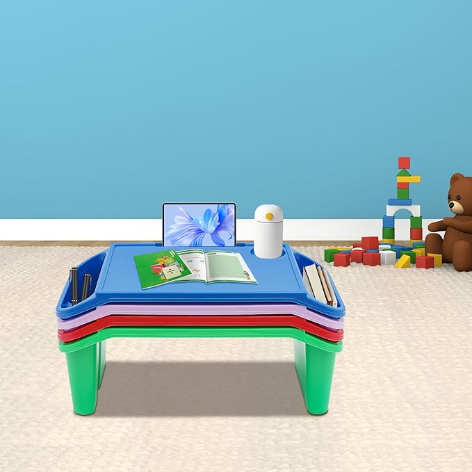4 Pcs Kids Lap Desk Tray, Plastic Breakfast Laptop Trays, Portable Lap Bed Table with Side Pockets (20" x 10" x 7")