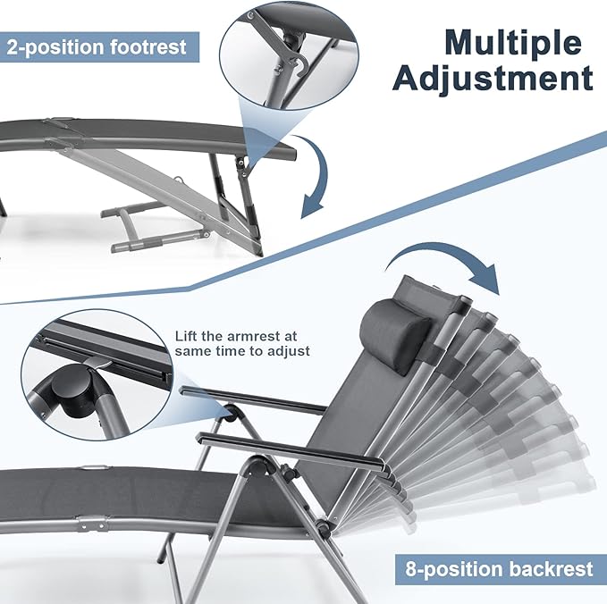 HAPPYGRILL Patio Lounge Chairs Set of 2, Aluminum Chaise Lounge Chair with 8-Position Adjustable Backrest, 2-Position Footrest, Comfortable Headrest, Outdoor Folding Reclining Chair