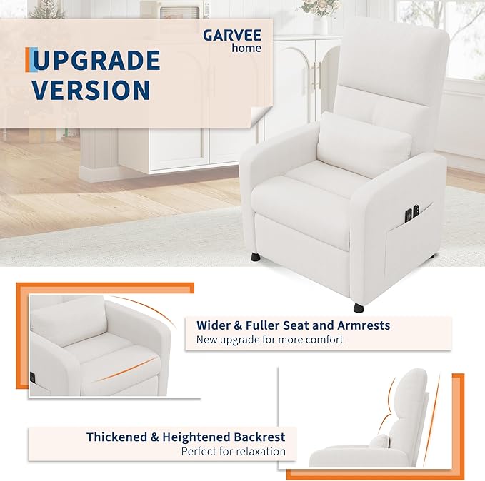 GarveeHome Power Recliner Chair, Adjustable Electric Recliner Ergonomic Overstuffed Single Sofa, Tall Back, Padded Seat, 2 Side Pockets and USB Port, Home Theater Seating for Living Room