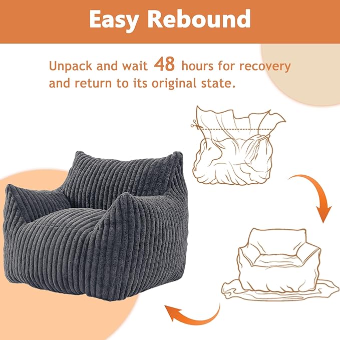 Giant Bean Bag Chairs for Adults with Filling Plush Fluffy Bean Bag Chairs for Teens with Armrests Comfy BeanBag Lazy Couch Sofa Chair for Bedroom Living Room Reading