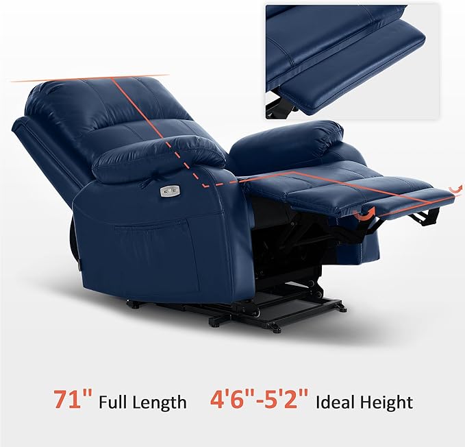 MCombo Small-Wide Power Lift Recliner Chair with Massage and Heat for Petite Elderly People, 3 Positions, 2 Side Pockets, USB Ports, Faux Leather R7410 (Navy Blue, Small-Wide)