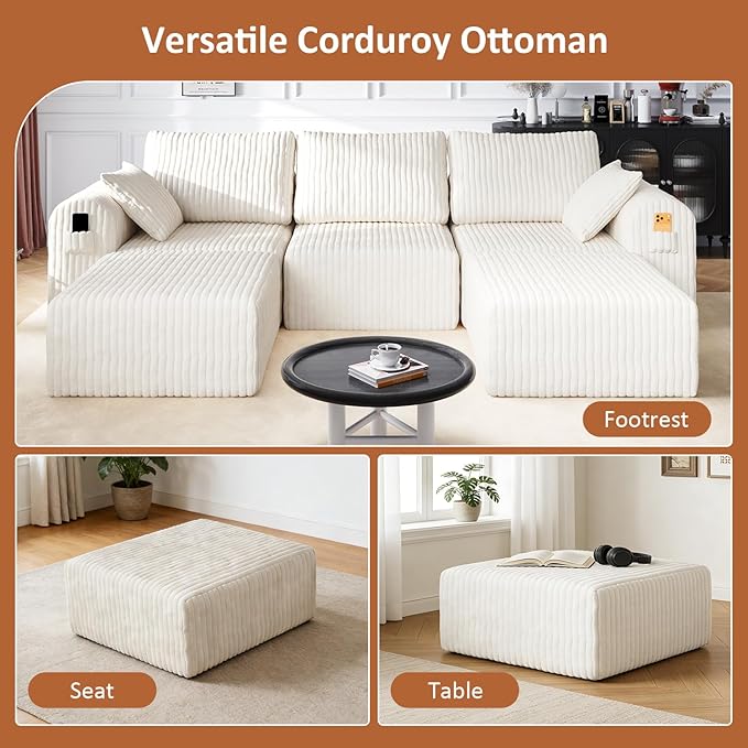 106" Boneless Couches for Living Room, Modular Sectional Sofa, L-Shape Sofa Couches,Cloud Couch Sectional, Comfy Corduroy Sofa, with Deep Seat, No Assembly Required (Beige, 1 Ottoman)