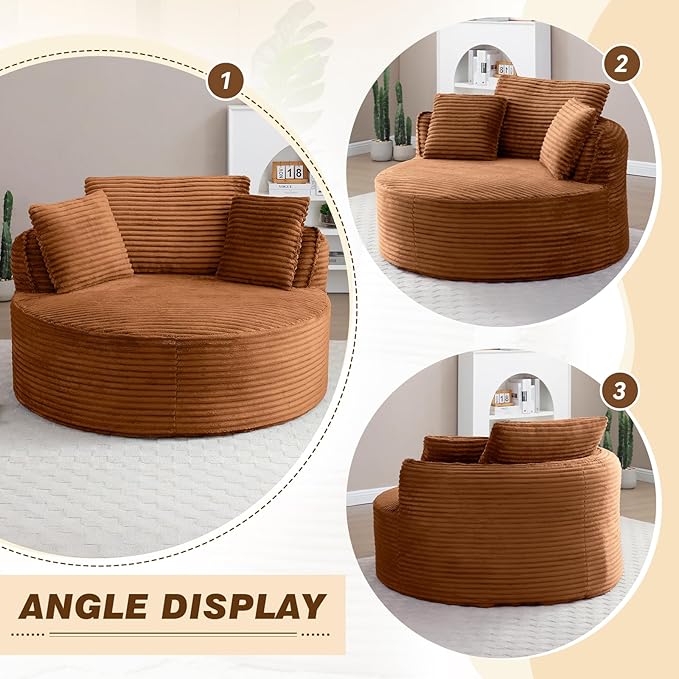 53"W Oversized Round Chaise Longue Chair Indoor,Corduroy Fluffy Comfy Cloud Chair,Circle Bean Bag Sofa with Foam Filling & Pillows,Boneless Reading Cozy Sofa Chairs for Living Room,Bedroom,Orange