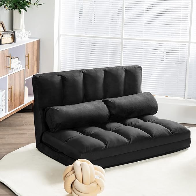 DORTALA Foldable Floor Sofa, 6-Position Adjustable Lounge Couch with 2 Pillows & Suede Cloth Cover, Modern Lounge Mattress Video Gaming Lazy Couch, Suede Floor Seating Sofa, 71" x 44.5", Black