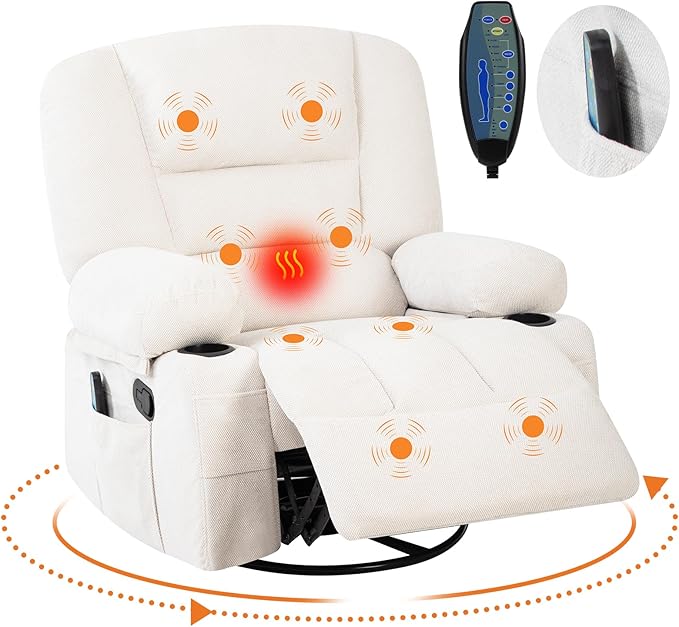 Rocker Recliner Chairs for Adults w/Vibration Massage and Heating,360° Swivel Rocker Glider Recliner,Extra Wide Manual Lazy Chair,Chenille Fabric Sofa Chair for Living Room,Bedroom,White