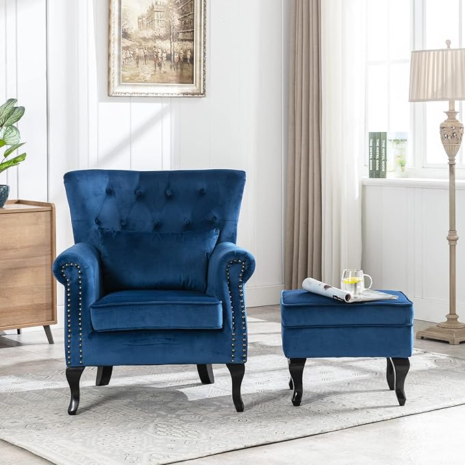 Janoray Mid Century Modern Accent Chair Upholstered Armchair Comfy Velvet Tufted Wingback Single Sofa with Ottoman for Bedroom Living Room, Blue