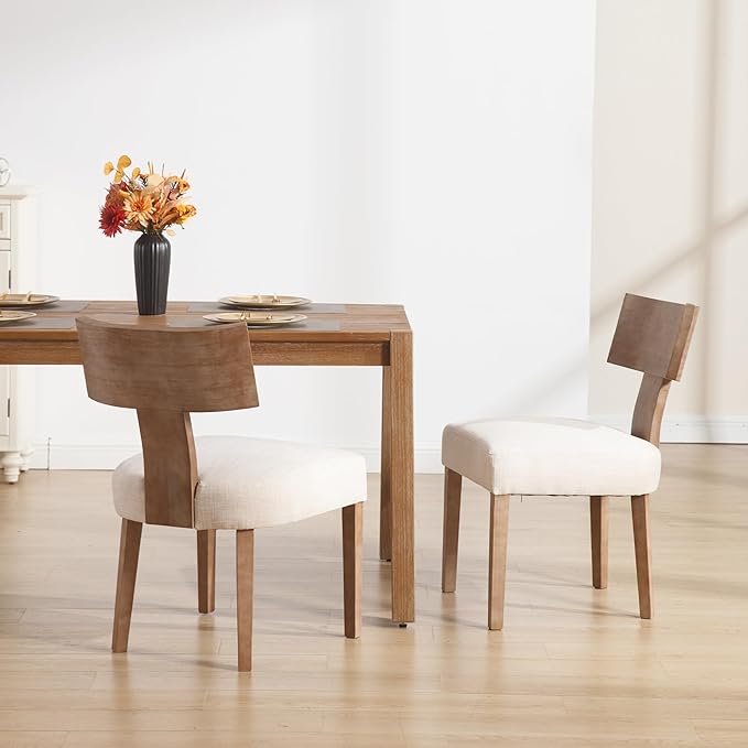 DM Furniture Linen Dining Chairs Set of 6 with Natural Wood Legs, Farmhouse Upholstered Side Chair with Curved Backrest for Living Room/Restaurant, Beige