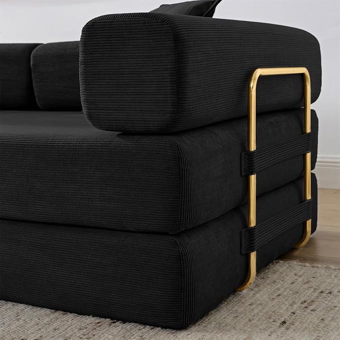 Antetek Convertible Futon Sofa Bed, 3-Seater Modern Corduroy Foam Floor King Size Bed Fold Out Sleeper Lounge Loveseat Sofa Couch with 2 Throw Pillows for Living Room Bedroom Guest Room, Black