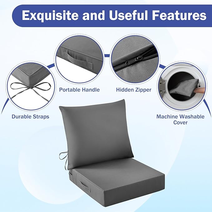 Outdoor Seat Cushion Set, Waterproof & Fade Resistant Patio Chair Cushions, Outdoors Cushion for Patio Furniture, 24 x 24 x 4 Inch, Outdoor Couch Cushions with Handle and Ties, Grey