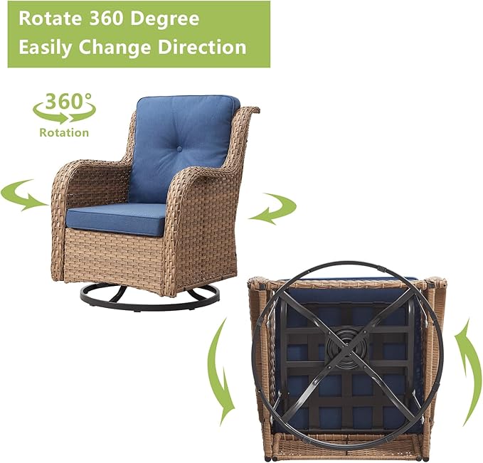 Rilyson Patio Chairs Rocking Swivel Chiar - 2 Piece Outdoor Patio Wicker Rattan Furniture Chairs Set with High Back and Deep Seating for Outside Porch Deck(Yellow/Blue)