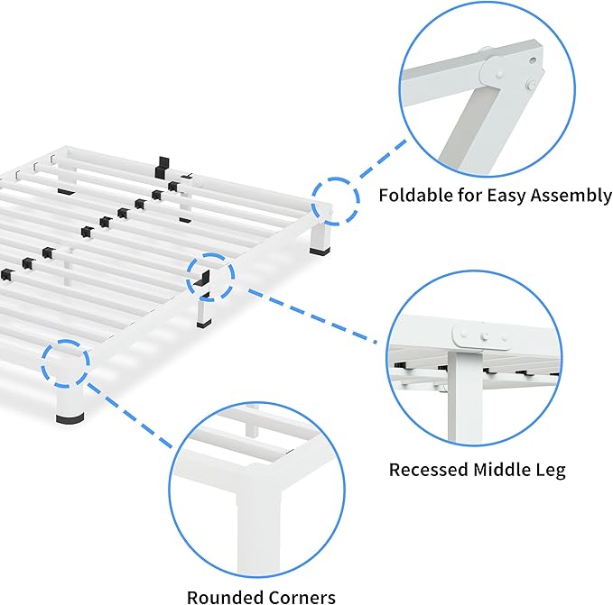 VIPSHOW 4 Inch White Queen Bed Frame, 3500Lbs Heavy Duty Metal Platform with Round Corner Legs Mattress Slide Stopper, Steel Slat Support No Box Spring Needed, Noise Free, Non-Slip, Easy Assembly