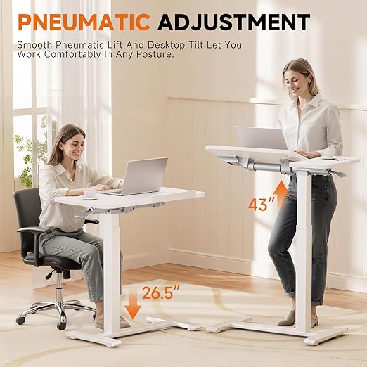 GTRACING Overbed Bedside Table with Wheels,Tiltable Hospital Bed Table Over The Bed, Pneumatic Adjustable Rolling Laptop Desk, Mobile Standing Desk for Hospital and Home Use (White)