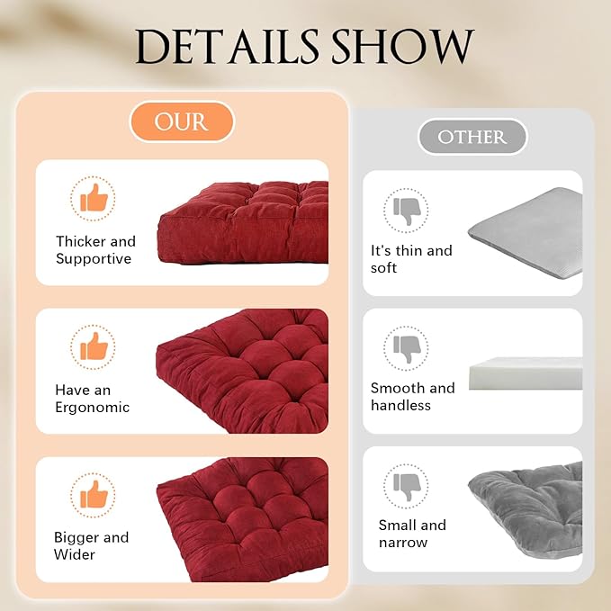 LYLNBYWK Meditation Floor Cushions, Thickened Floor Pillow for Adults, Large Square Pillows Seat Cushion for Tatami Living Room Yoga, Memory Sponge Block Added, 22x22 Inch, Wine Red