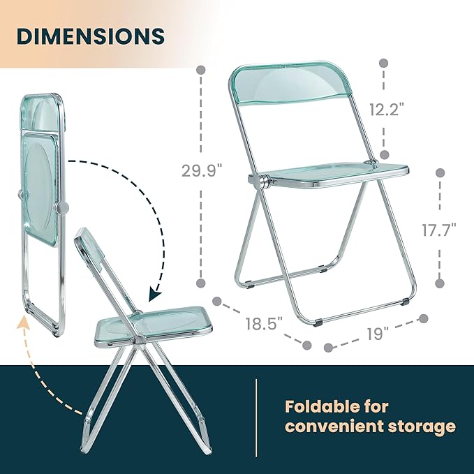 LeisureMod Lawrence Modern Clear Acrylic Folding Chair with Metal Frame, Space-Saving Transparent Seating for Dining Room, Home Office, Bedroom, Vanity or Small Spaces, (Jade Green, Set of 2)