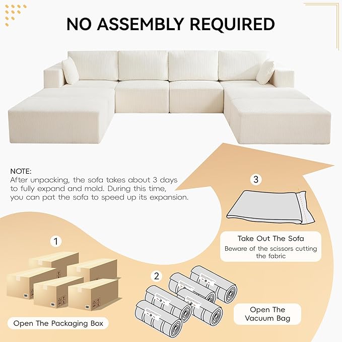 146'' Oversized Boneless Sofa Bed, 4 Seater Modular Sectional Couch with 4 Moveable Ottoman, No Asswmbly Corduroy Compression Sofas with Chaise for Home House, Beige