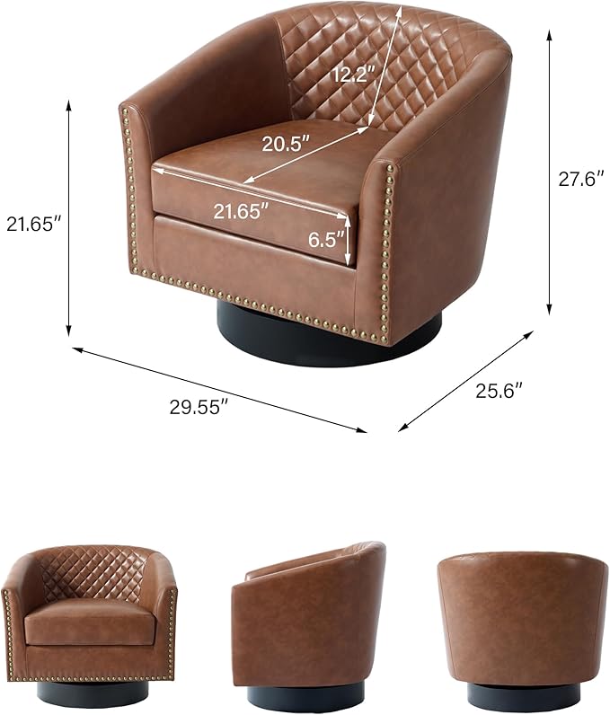 DREAMSIDEA Swivel Barrel Accent Chair, Comfy Modern Upholstered Round Faux Leather Arm Chair for Living Room, Bedroom（Brown, Set of 2