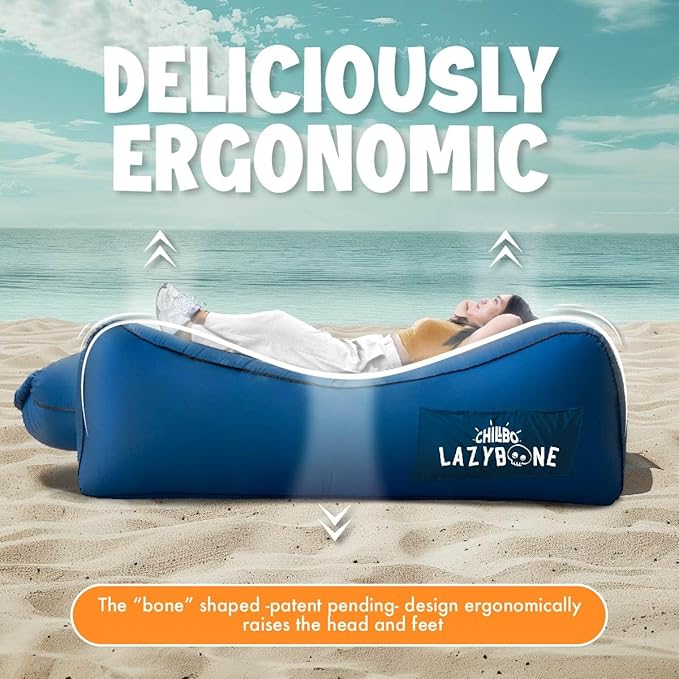 Chillbo LazyBone Inflatable Couch – Quick-Inflation Flapper System, Fun Prints, No-Pump Setup, Ripstop Polyester, Portable Air Lounger for Beach, Camping, Festivals, & Hiking