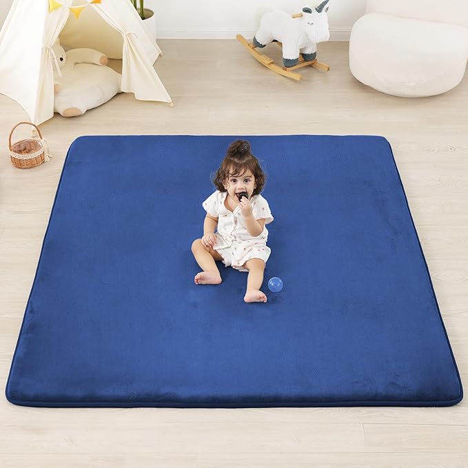PAPAMAT 1.3" Thick Baby Floor Play Mat 39x59, Basic Padded Foam Mat for Tummy Time Crawling, Non Slip Cushioned for Babies Toddlers Infants Kids (Blue)