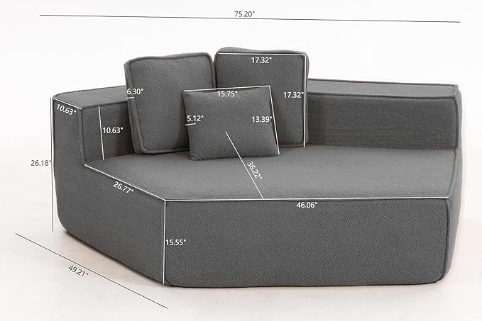 EPOFIT 1-Seater Teddy Fleece Modular Sofa Chair, Low-Profile Floor Seat with Wide Cushion and All-Foam Support, Left-Facing Design, Compressed Packaging – Blue Gray
