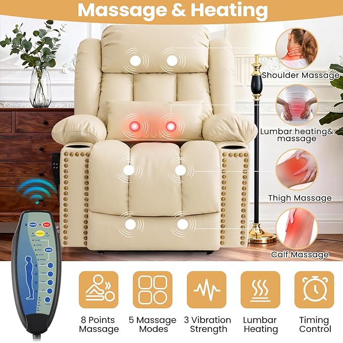Oversized Power Lift Recliner Chair for Elderly Big and Tall, Dual Motor Heavy-Duty Lift Chair with Heat & Massage, Lay Flat Wide Recliner, USB-C, Cup Holders, Lumbar Pillow, PU Leather, Beige