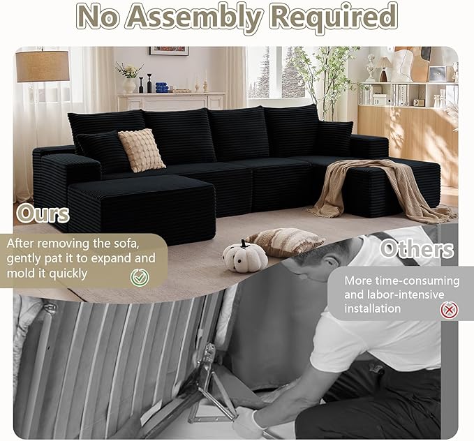 Lakifun 135" U-Shape Cloud Couch, Modern Modular Sectional Comfy L-Shape Sofa with Ottoman, Deep Seat, Upholstered Corduroy Sleeper Chaise Longue for Living Room Bedroom, No Assembly Required, Black