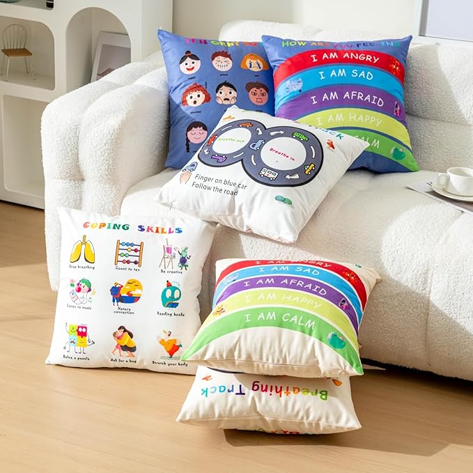 B BBPM Classroom Decor Throw Pillow Covers Set of 2 - Calming Corner School Counselor Office Mental Health Decor Calm Down Corner Supplies Cozy Corner Feelings Pillow Therapy Office Decor 18x18 Cream