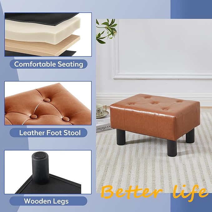 FIMIVIBI Small Foot Stool Ottoman, Faux Leather Footstool Ottoman Foot Rest for Couch, Rectangle Footstools and Ottomans Small for Living Room, Entryway and Bedroom (Bright Brown)