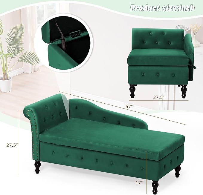 ACMEASE Upholstered Chaise Lounge with Left Armrest & Lumbar Pillow,Button Tufted Lounge Sofa with Storage,Lounge Chair Indoor,Modern Velvet Lounge Chair for Bedroom, Living Room and Office,Green