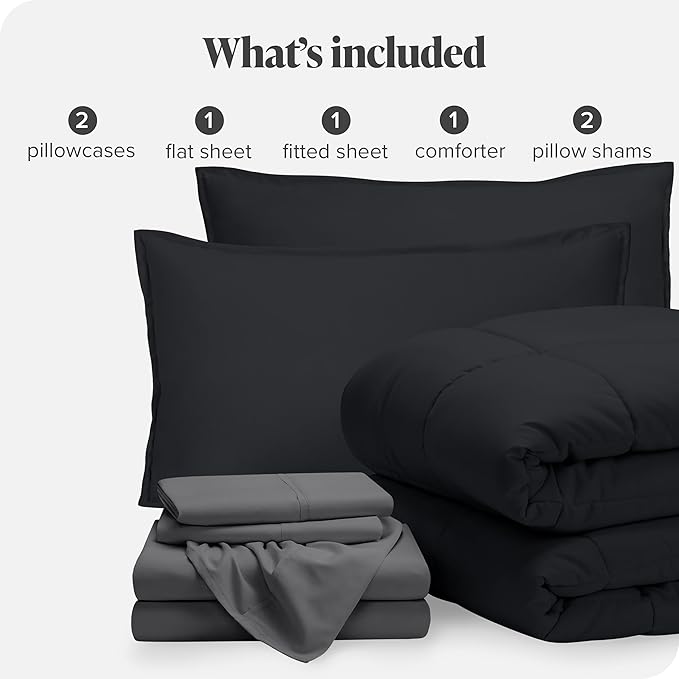 Bare Home Bed-in-A-Bag 7 Piece Comforter & Sheet Set - Full XL - Goose Down Alternative - Ultra-Soft 1800 Premium Bed Set (Full XL, Black/Grey)