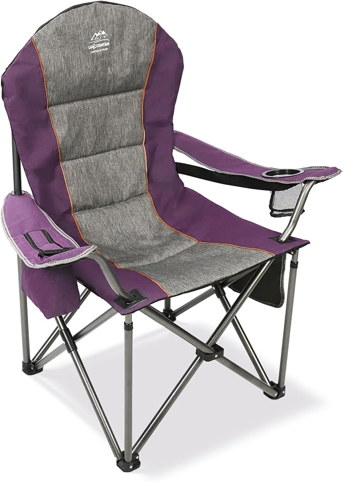 LANMOUNTAIN Camping Chairs for Adults,High Back Folding Camp Chair with Cup Holder and Cooler Bag,Heavy Duty Outdoor Lawn Chairs,Perfect for Camping,Hiking,Picnics,and Beach Trips,Purple