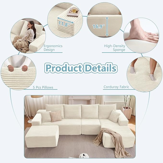 135.4" W Cloud Sectional Couch with Ottoman,Modern U-Shaped Cloud Couch with Deep Seat,Comfy Corduroy 4-Seater Sofa,Memory Foam Sofa for Living Room,No Assembly (White,Right-Facing Chaise)