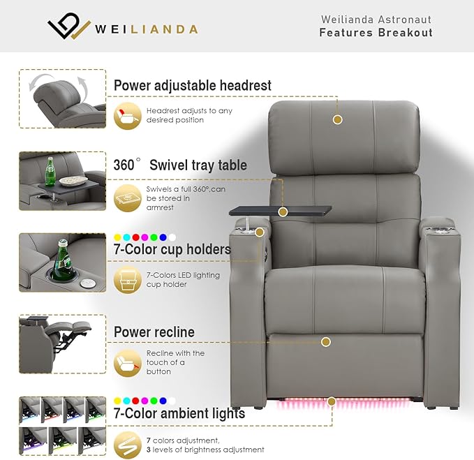 Weilianda Home Theater Seating, Top Grain Leather Sectional Seats Recliner Chair, Zero Gravity Reclining Sofa with Power Headrest 7 Colors Ambient Lighting USB C Charge Row of 2 Loveseat Grey