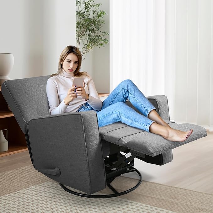 KeyEnergy Swivel Rocker Recliner Chair for Adults, High Back Fabric Recliner with Deep Seat, Manual Glider for Living Room & Nursery, Charcoal