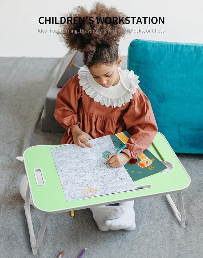 ZEAPTAC Laptop Bed Desk, Foldable Lap Desk, Portable Lap Table, Laptop Stand with Cup Holder & Tablet Slot & Lifting Handle for Working Writing Drawing & Eating - Green