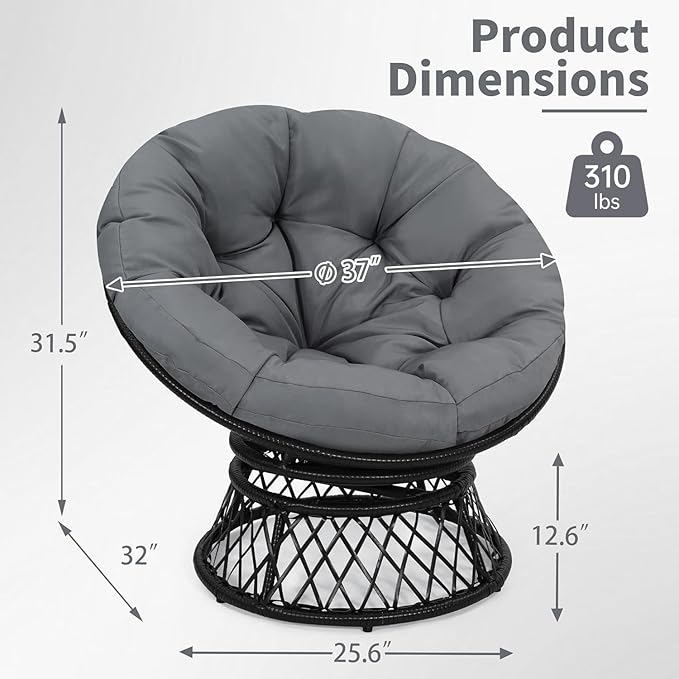 Kromax 40" Ergonomic Wicker Papasan Chair, 360° Swivel Round Egg Chair with Soft Thick Cushion, Indoor Outdoor Use for Living Room, Bedroom, Reading Room, Black Frame with Dark Grey Cushion