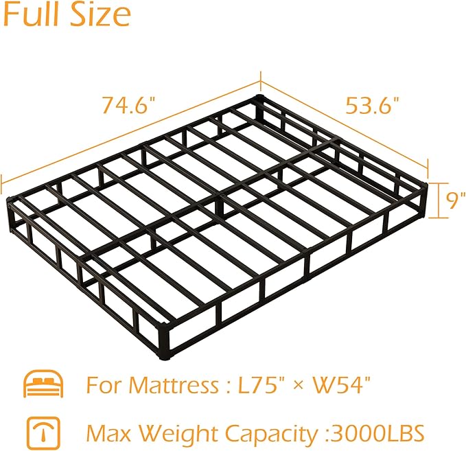 Maenizi 9 Inch Full Size Box Spring, Heavy Duty Metal Box Spring Bed Base with Fabric Cover, Mattress Foundation, Easy Assembly, Noise Free, Black