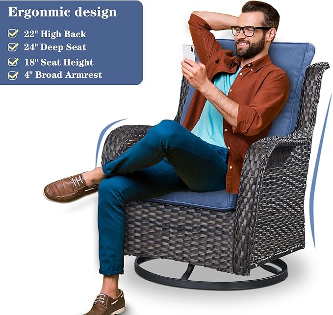 Belord Wicker Patio Furniture Sets - 13 Piece Outdoor Rattan Furniture Conversation Sets with 4 Swivel Rocker Chairs, 2 Rattan Sofas, Wicker Ottomans and Coffee Table, Brown/Blue
