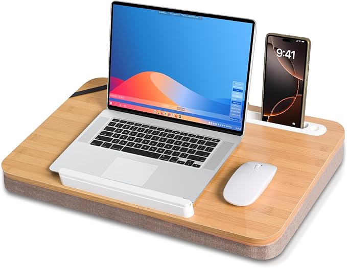 Wishacc Portable Bamboo Lap Desk Tray, Natural Wood, Large 21.1 x 12.9 Inch, for Home Office