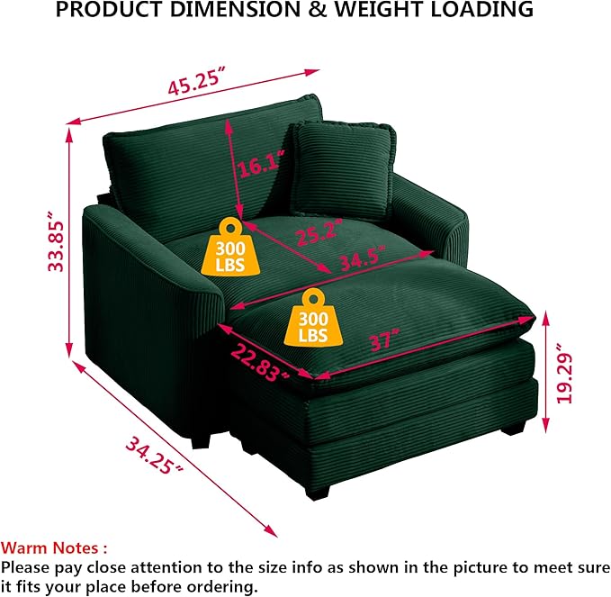 Aoowow Corduroy Large Armchair with Ottoman,Tufted Indoor Chaise Lounge Chair,Oversized Single Sofa Chair with Footrest,Single Seat Cloud Sofas Couches for Living Room (Green, Sofa Chair + Ottoman)