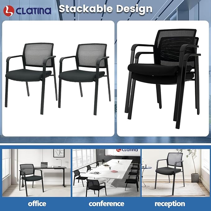 CLATINA Guest Reception Stacking No Wheels Desk Chair, Mesh Back Waiting Room Chairs with Arm Upholstered Fabric Seat and Ergonomic Lumbar Support for Office Conference School Church, Black (8 Pack)