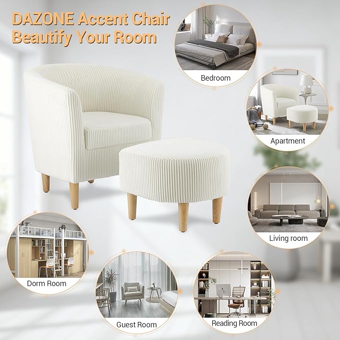 DAZONE Accent Chairs Set of 2 - Mid Century Modern Comfy Armchair with Ottoman, Corduroy Upholstered Living Room & Reading Room Chair in Ivory