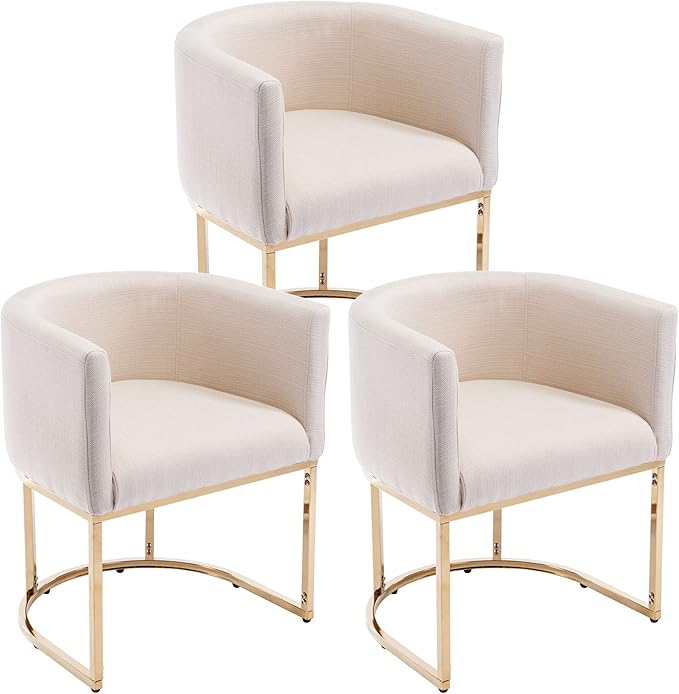 VESCASA Upholstered Dining Chairs with Barrel Back, Modern Padded Restaurant Chairs with Gold Metal Frame for Dining Room, Kitchen, Set of 3, Linen Cream