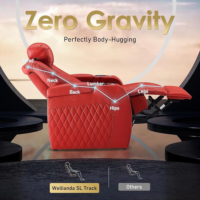 Weilianda Home Theater Seating Top Grain Leather Zero Gravity Recliner Chair Power Headrest Recline Movie Seat Gaming 7 Colors Mood Light Sofa with Tray Table USB Charge Row of 2 Red