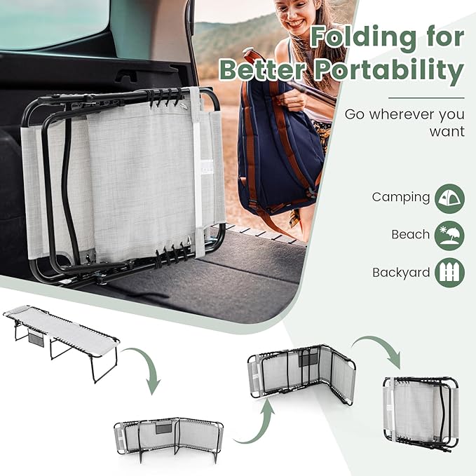 Tangkula Beach Lounge Chair for Outside, Folding Chaise Lounge Outdoor with 4-Position Backrest, Removable Headrest and Side Pocket, Portable Sunbathing Tanning Chair for Patio, Poolside (2, Grey)